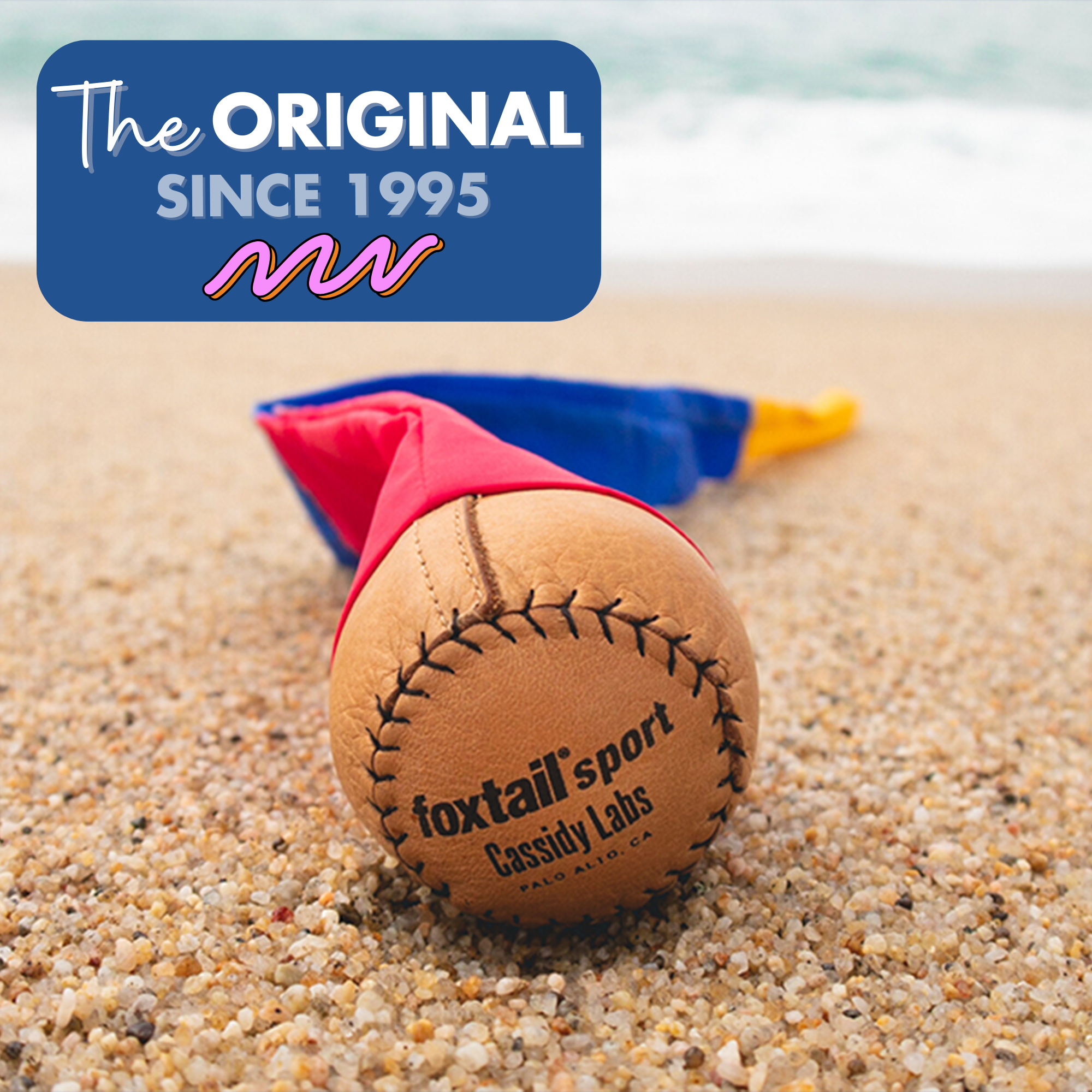 A Foxtail throwing toy with a colorful tail rests on a beach near the ocean. Text reads The Original Foxtail Sport—perfect for outdoor play, inspired by Klutz Press classics. From Cassidy Labs, Palo Alto, CA.